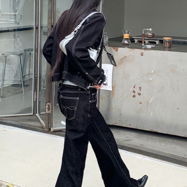 デニムセットアップ リジッドデニム ショート丈ジャケットとフレアパンツの二点セット