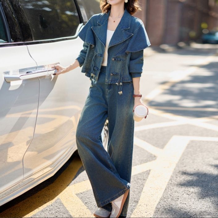 デニムセットアップ ケープデザインショートジャケットワイドパンツ上下セット