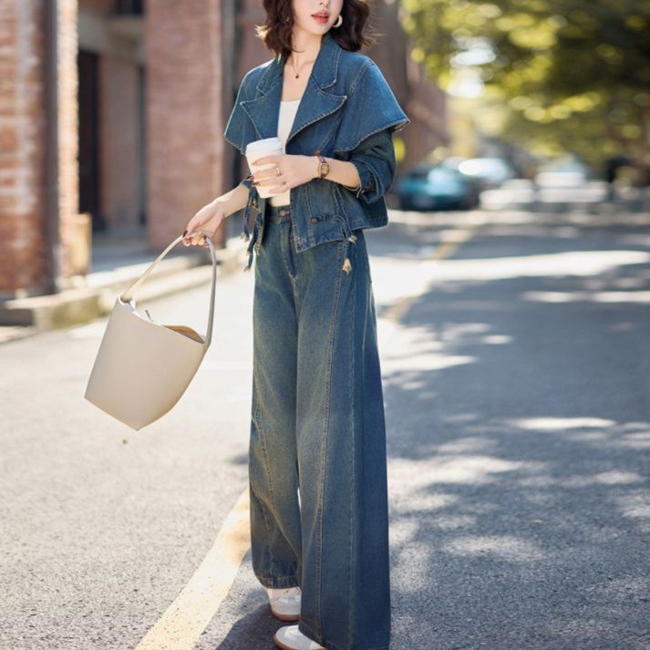 デニムセットアップ ケープデザインショートジャケットワイドパンツ上下セット