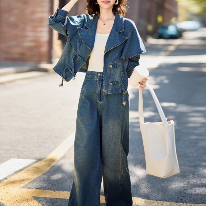 デニムセットアップ ケープデザインショートジャケットワイドパンツ上下セット