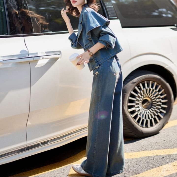 デニムセットアップ ケープデザインショートジャケットワイドパンツ上下セット