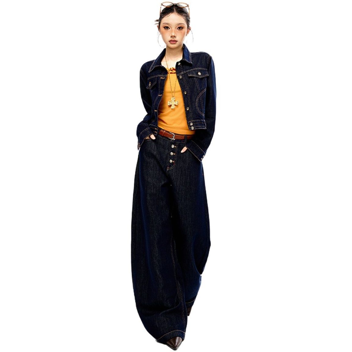 デニムセットアップ ワイドシルエット ショートジャケット ワイドパンツ セットアップ