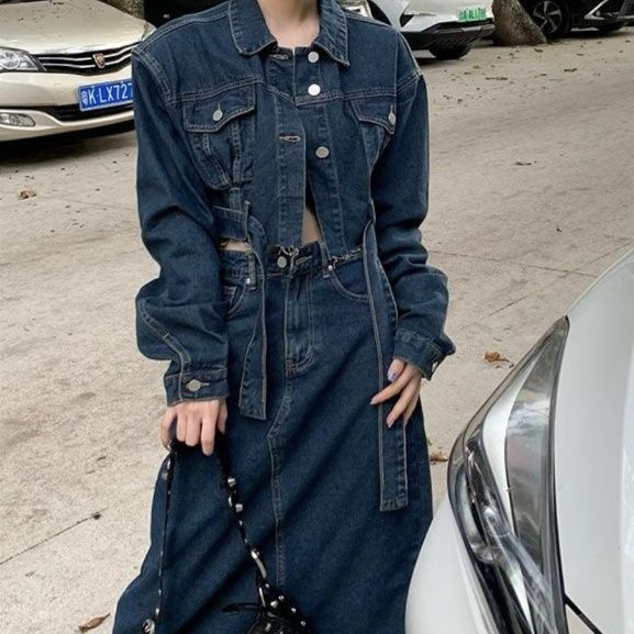 デニムセットアップ 裾フリンジ付き ショートデニムジャケットロングスカートセット