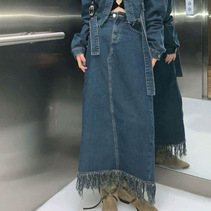 デニムセットアップ 裾フリンジ付き ショートデニムジャケットロングスカートセット