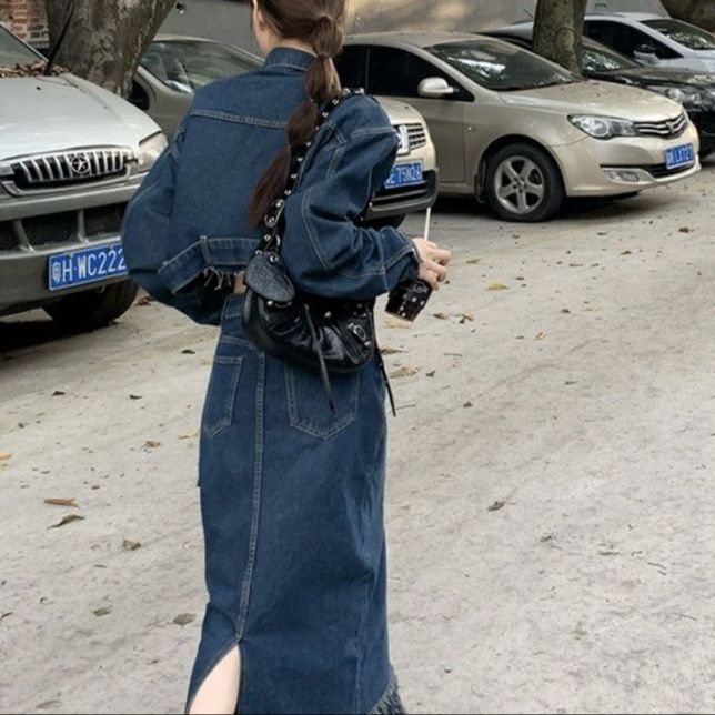 デニムセットアップ 裾フリンジ付き ショートデニムジャケットロングスカートセット