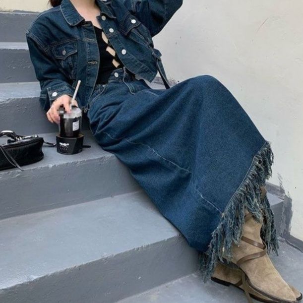 デニムセットアップ 裾フリンジ付き ショートデニムジャケットロングスカートセット