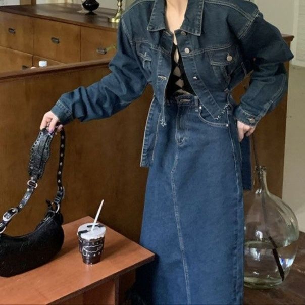 デニムセットアップ 裾フリンジ付き ショートデニムジャケットロングスカートセット