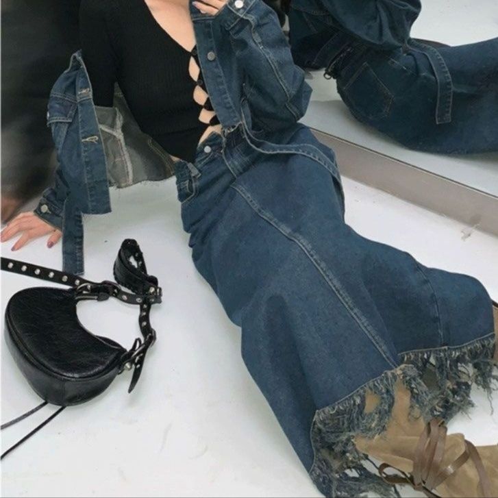 デニムセットアップ 裾フリンジ付き ショートデニムジャケットロングスカートセット