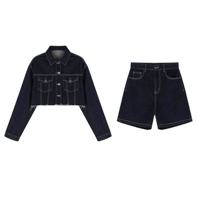 デニムセットアップ 白ステッチショート丈ジャケットとショートパンツの上下セット