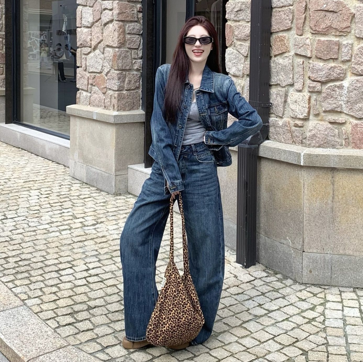 デニムセットアップ ヴィンテージ風ジャケット ワイドシルエットパンツセットアップ