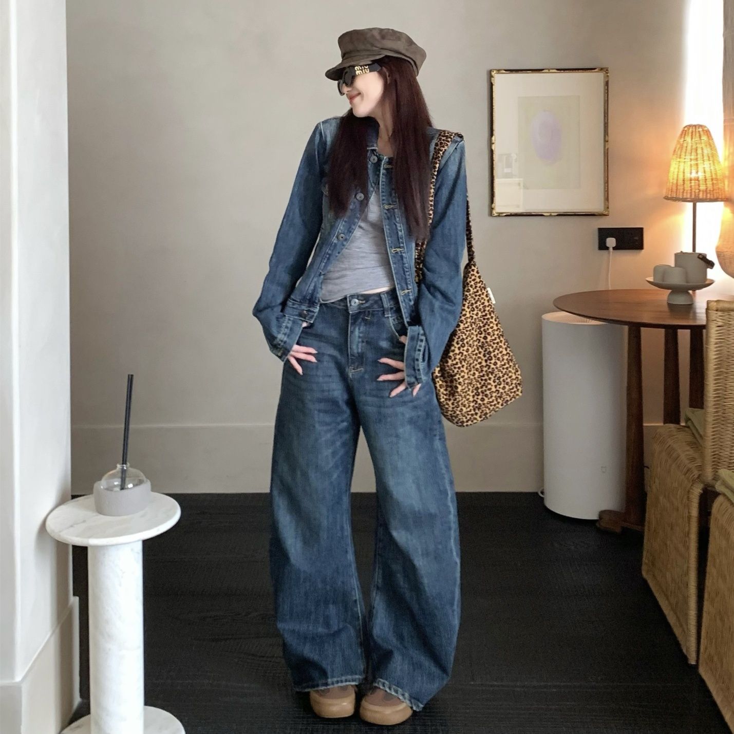 デニムセットアップ ヴィンテージ風ジャケット ワイドシルエットパンツセットアップ