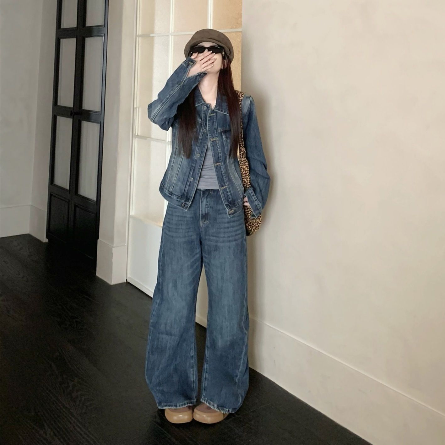 デニムセットアップ ヴィンテージ風ジャケット ワイドシルエットパンツセットアップ