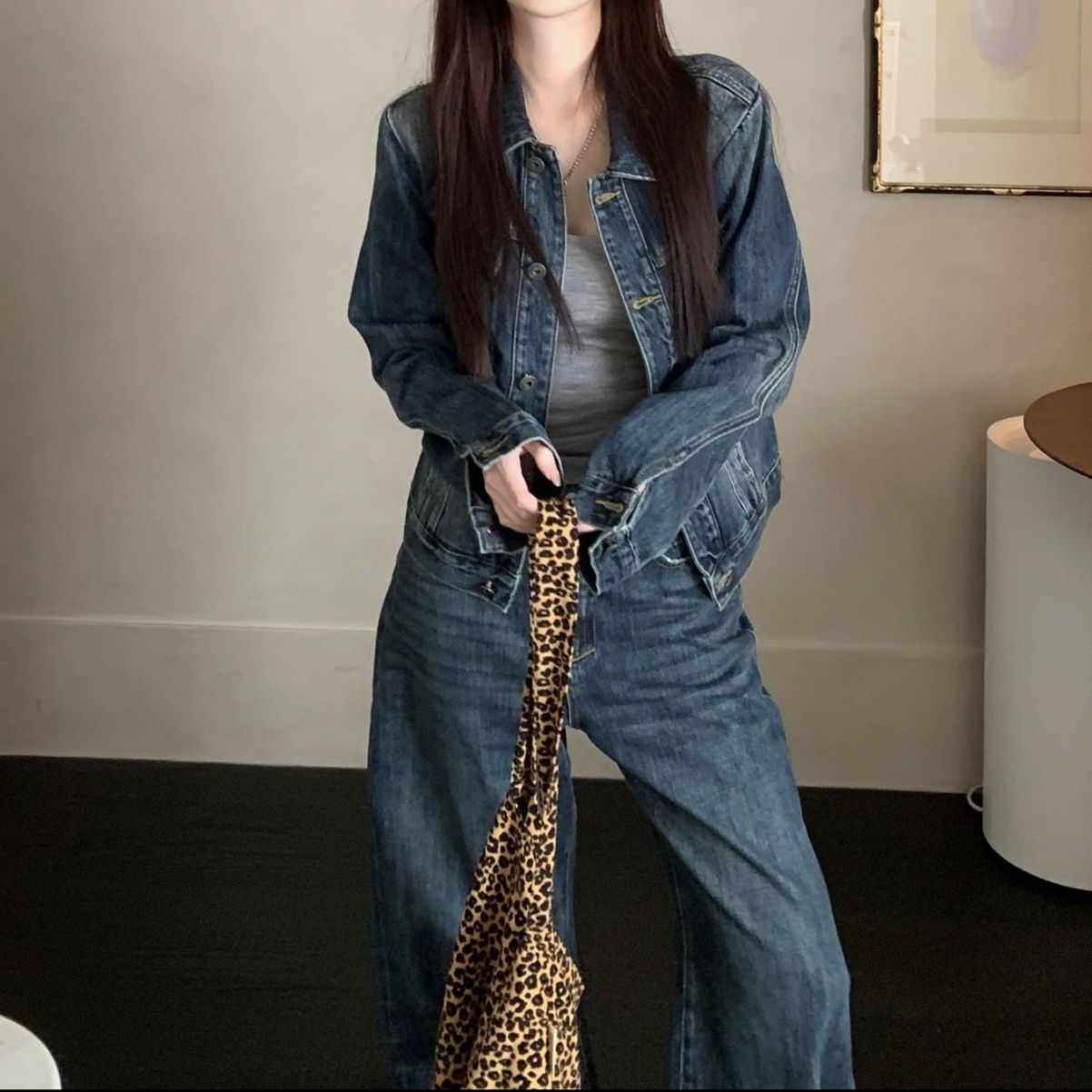 デニムセットアップ ヴィンテージ風ジャケット ワイドシルエットパンツセットアップ