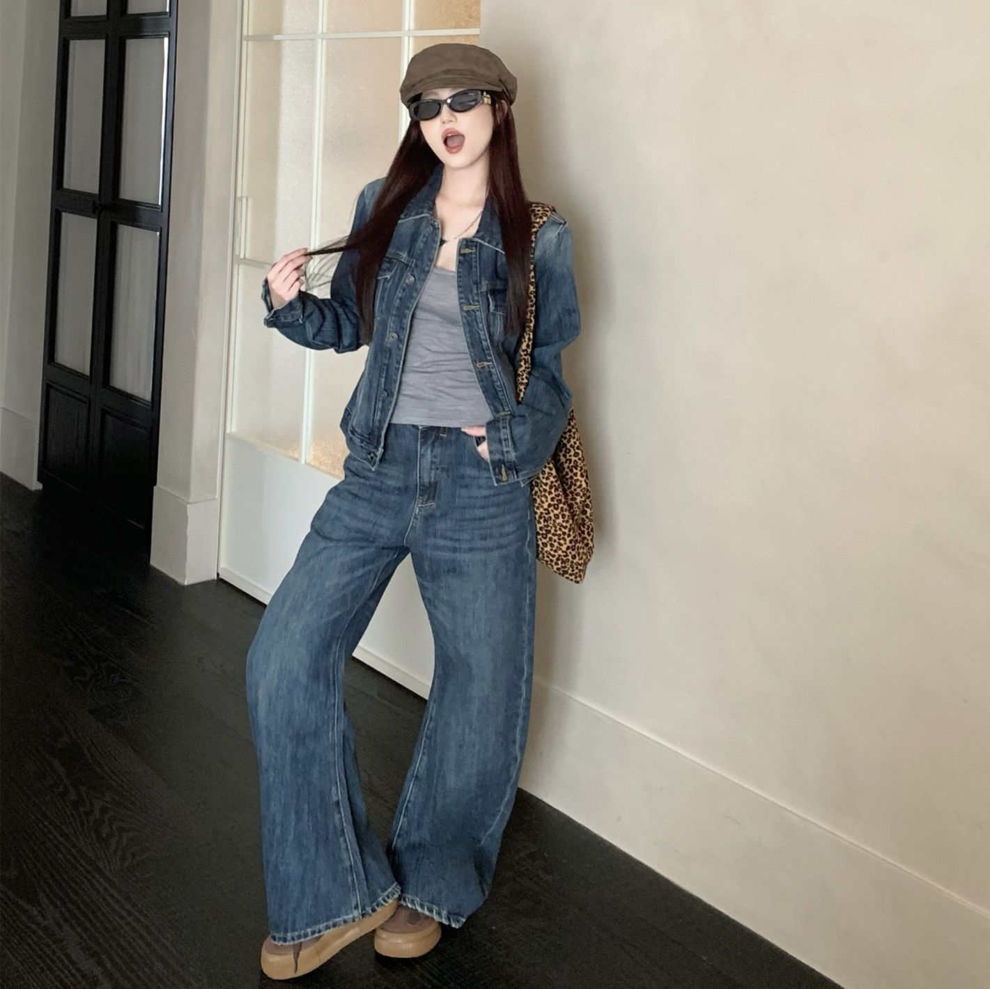 デニムセットアップ ヴィンテージ風ジャケット ワイドシルエットパンツセットアップ