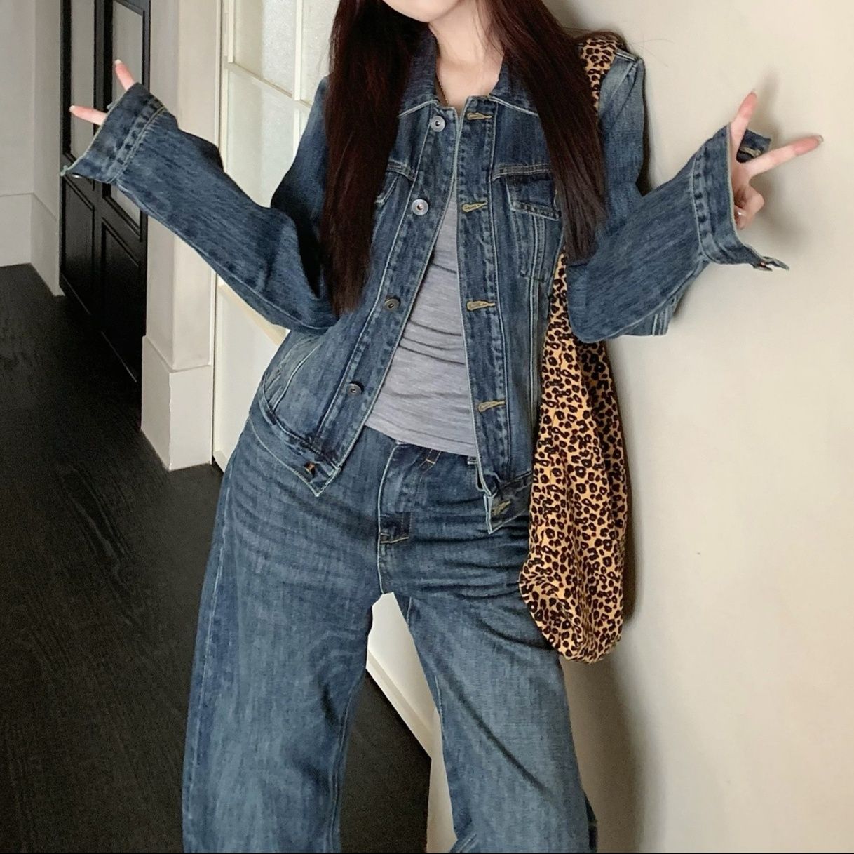 デニムセットアップ ヴィンテージ風ジャケット ワイドシルエットパンツセットアップ