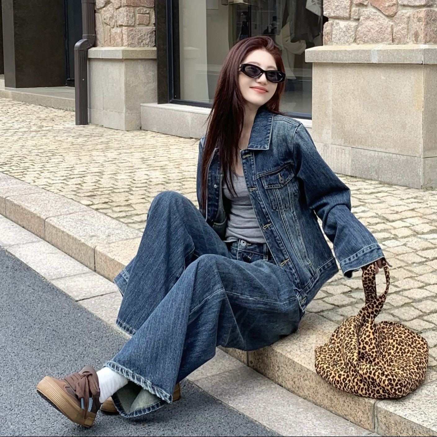 デニムセットアップ ヴィンテージ風ジャケット ワイドシルエットパンツセットアップ