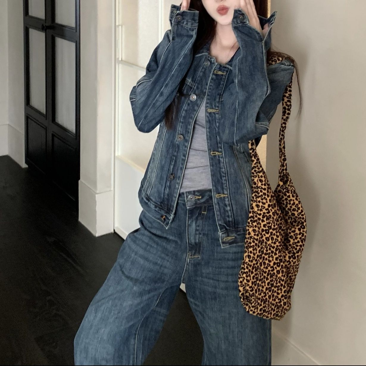 デニムセットアップ ヴィンテージ風ジャケット ワイドシルエットパンツセットアップ