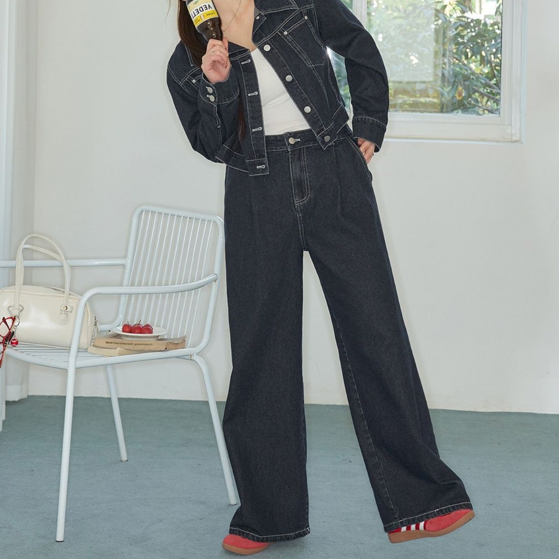 デニムセットアップ ステッチデザインデニムジャケットワイドパンツセットアップ