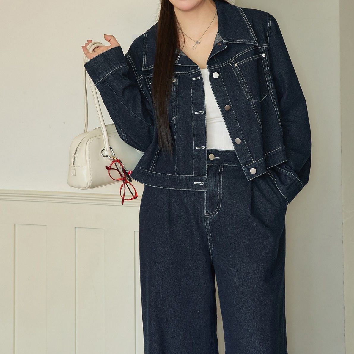 デニムセットアップ ステッチデザインデニムジャケットワイドパンツセットアップ