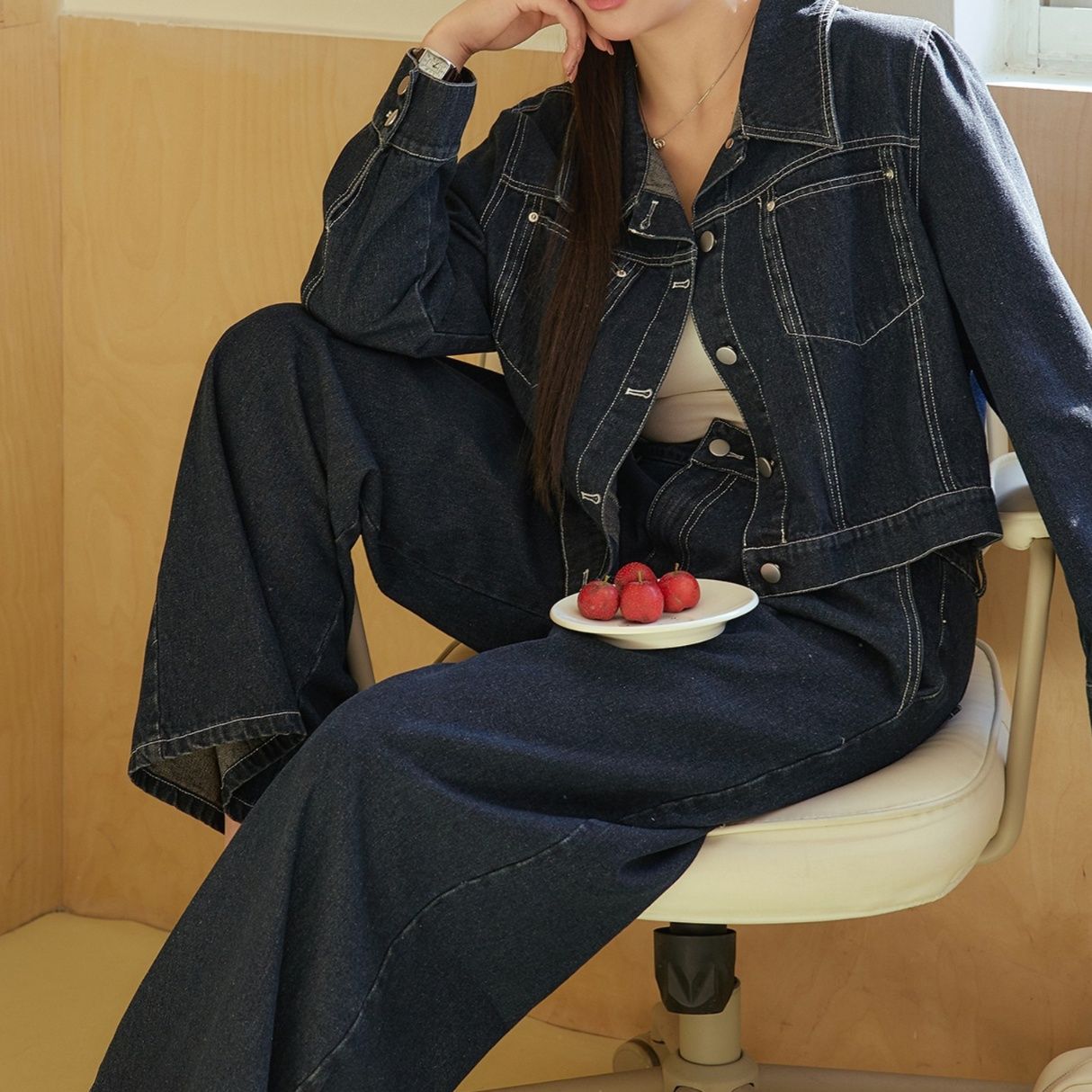 デニムセットアップ ステッチデザインデニムジャケットワイドパンツセットアップ