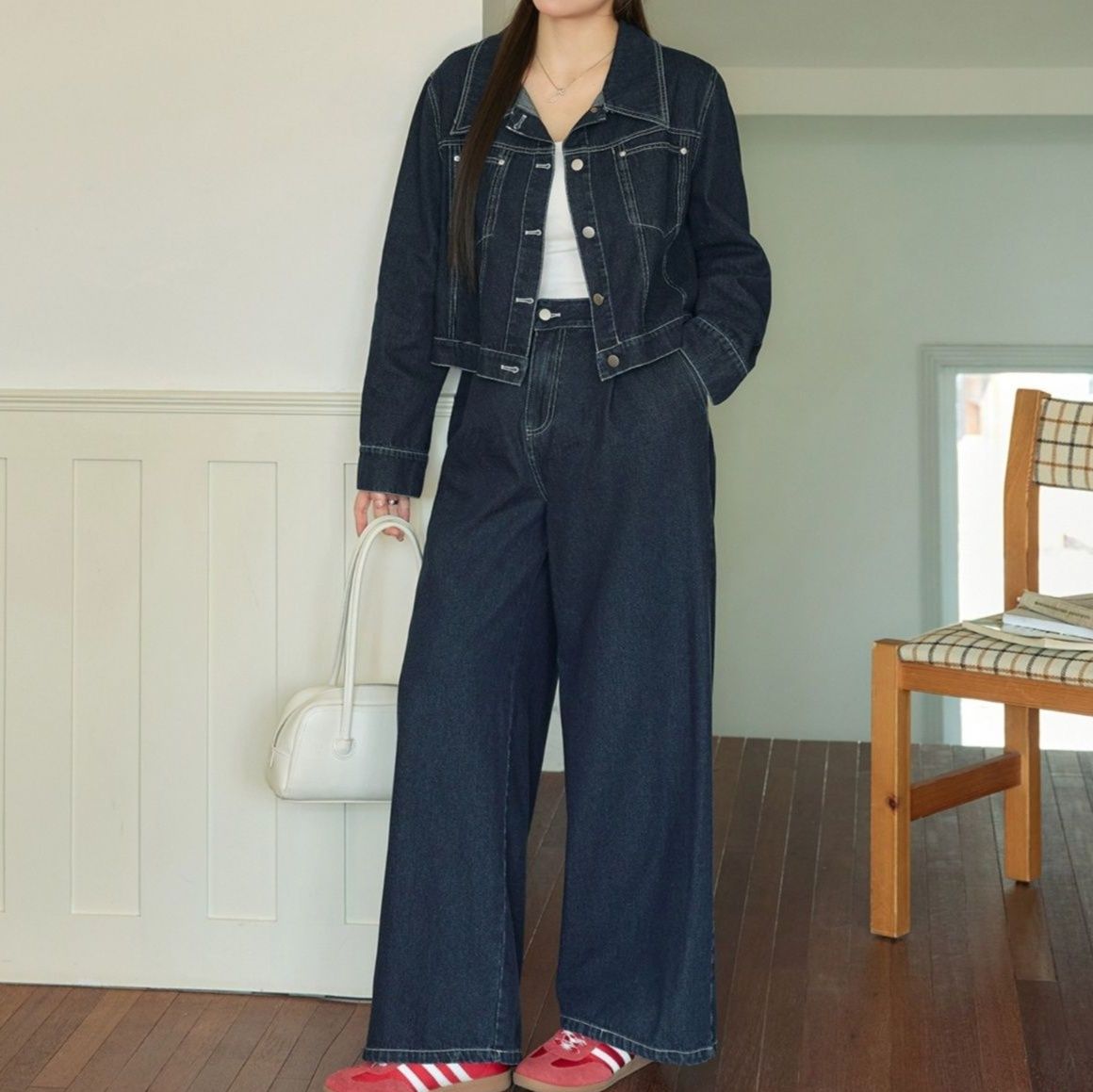 デニムセットアップ ステッチデザインデニムジャケットワイドパンツセットアップ