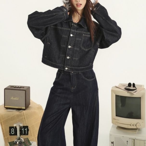 デニムセットアップ クラシックステッチデニムジャケットワイドパンツセットアップ