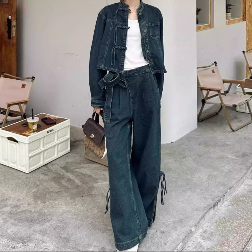 デニムセットアップ チャイナボタンジャケットとワイドパンツのデニムセットアップ