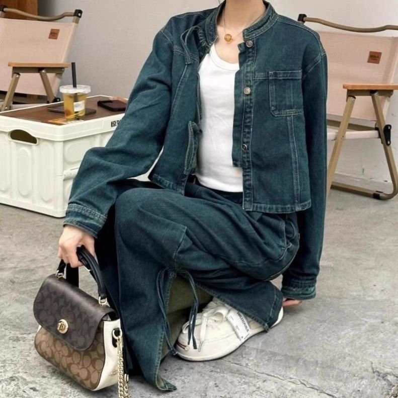 デニムセットアップ チャイナボタンジャケットとワイドパンツのデニムセットアップ