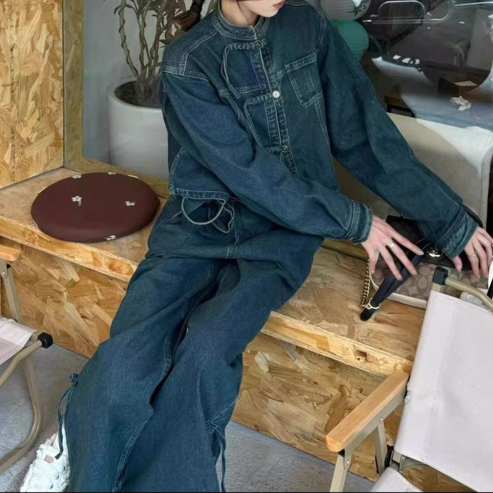 デニムセットアップ チャイナボタンジャケットとワイドパンツのデニムセットアップ