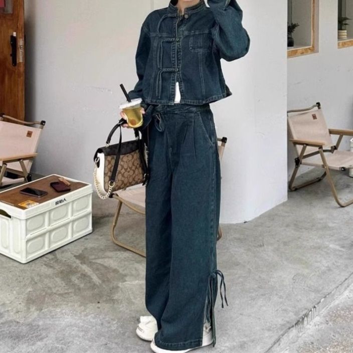 デニムセットアップ チャイナボタンジャケットとワイドパンツのデニムセットアップ