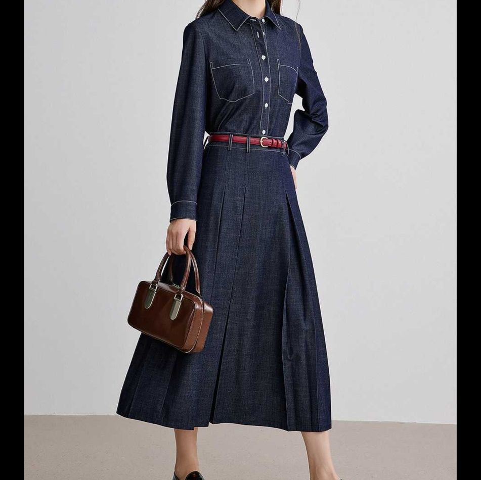 デニムセットアップ クラシックスタイル 洗練デニムシャツ&プリーツスカート