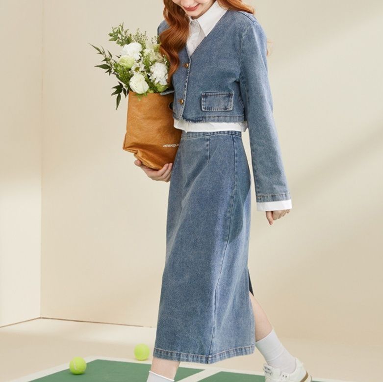 デニムセットアップ カジュアルショート丈ジャケットとロングスカートの二点セット