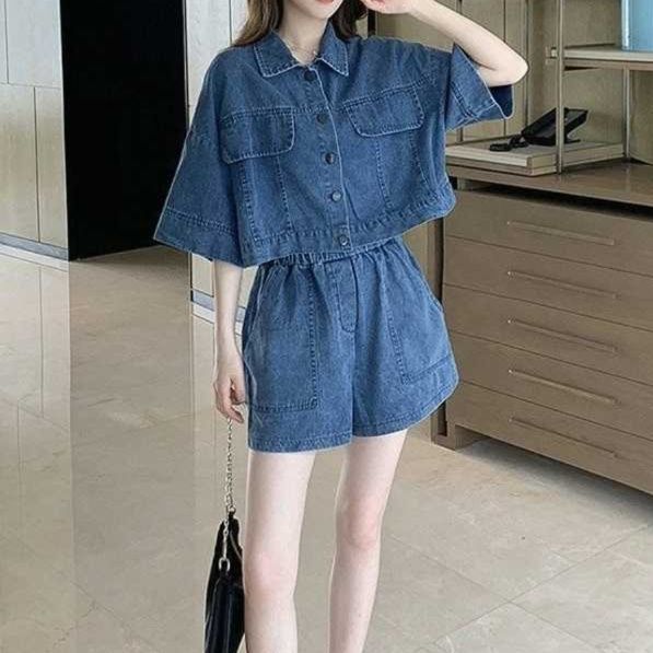 デニムセットアップ リラックスデニム半袖ジャケットセットアップ