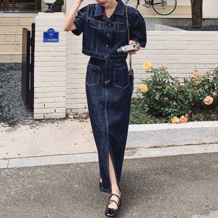 デニムセットアップ 半袖ショート丈ジャケットとロングスカートの2点セット