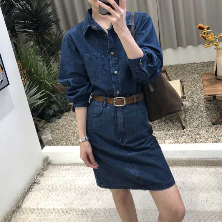 デニムセットアップ 洗練デニムシャツとタイトスカートの上品二点セット