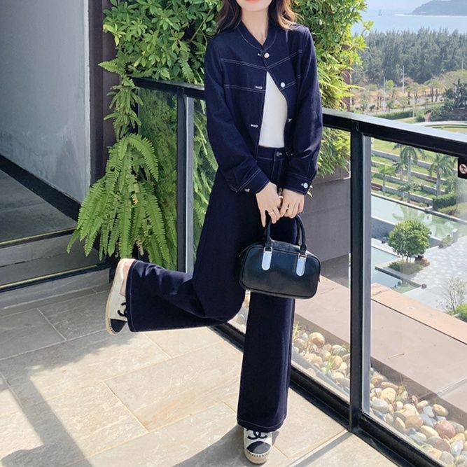デニムセットアップ 上品ステッチ デニムジャケット・ゆったりハイウエストパンツ 上下セット