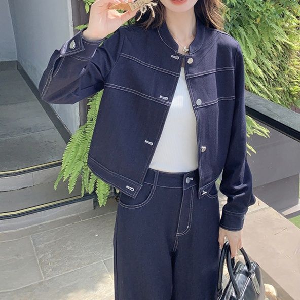 デニムセットアップ 上品ステッチ デニムジャケット・ゆったりハイウエストパンツ 上下セット