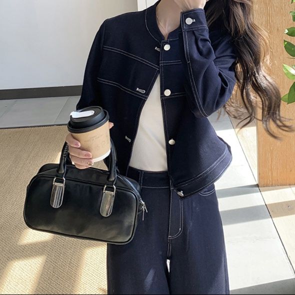 デニムセットアップ 上品ステッチ デニムジャケット・ゆったりハイウエストパンツ 上下セット