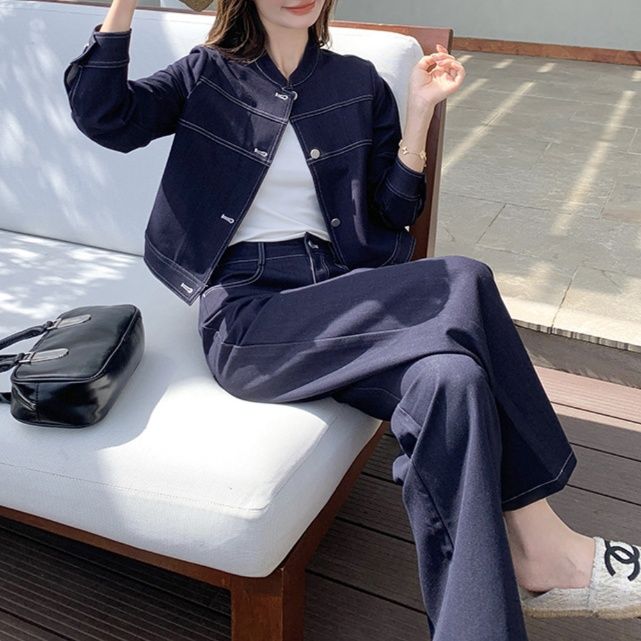 デニムセットアップ 上品ステッチ デニムジャケット・ゆったりハイウエストパンツ 上下セット