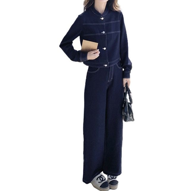 デニムセットアップ 上品ステッチ デニムジャケット・ゆったりハイウエストパンツ 上下セット