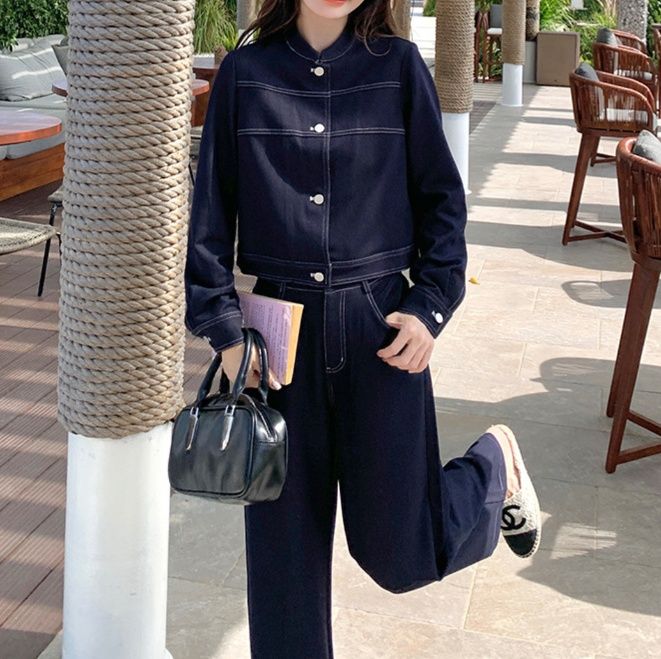 デニムセットアップ 上品ステッチ デニムジャケット・ゆったりハイウエストパンツ 上下セット