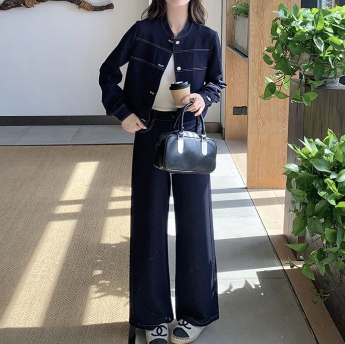 デニムセットアップ 上品ステッチ デニムジャケット・ゆったりハイウエストパンツ 上下セット