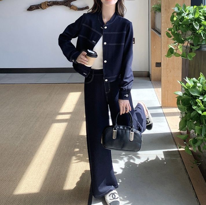 デニムセットアップ 上品ステッチ デニムジャケット・ゆったりハイウエストパンツ 上下セット