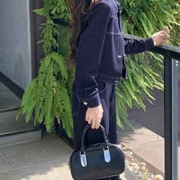 デニムセットアップ 上品ステッチ デニムジャケット・ゆったりハイウエストパンツ 上下セット