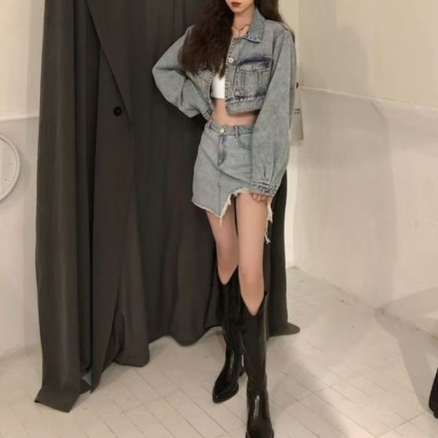 デニムセットアップ クロップド丈デニムジャケット＆裾切りっぱなしスカート 色落ちカジュアルセット