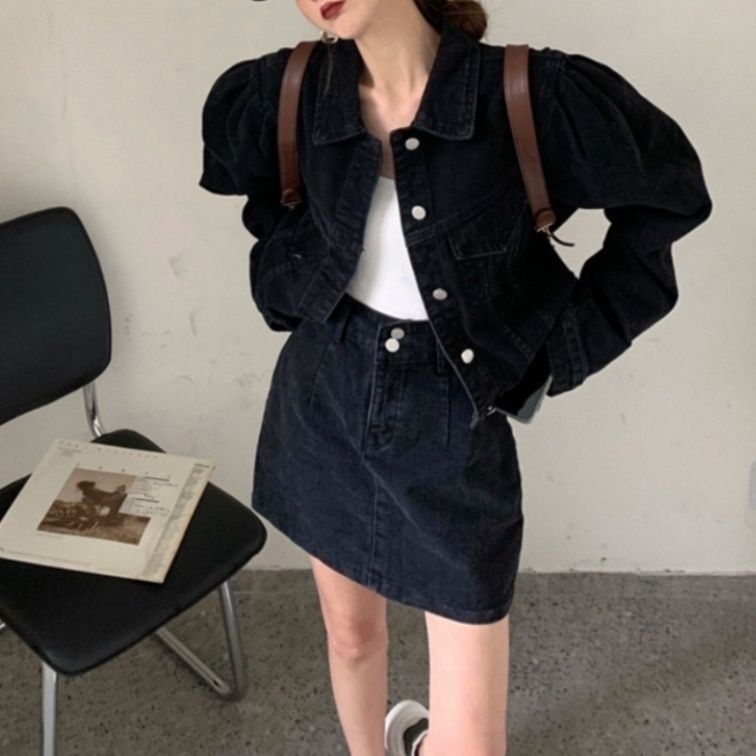 デニムセットアップ ゆったり袖のジャケット・ハイウエストミニスカート クール系セットアップ
