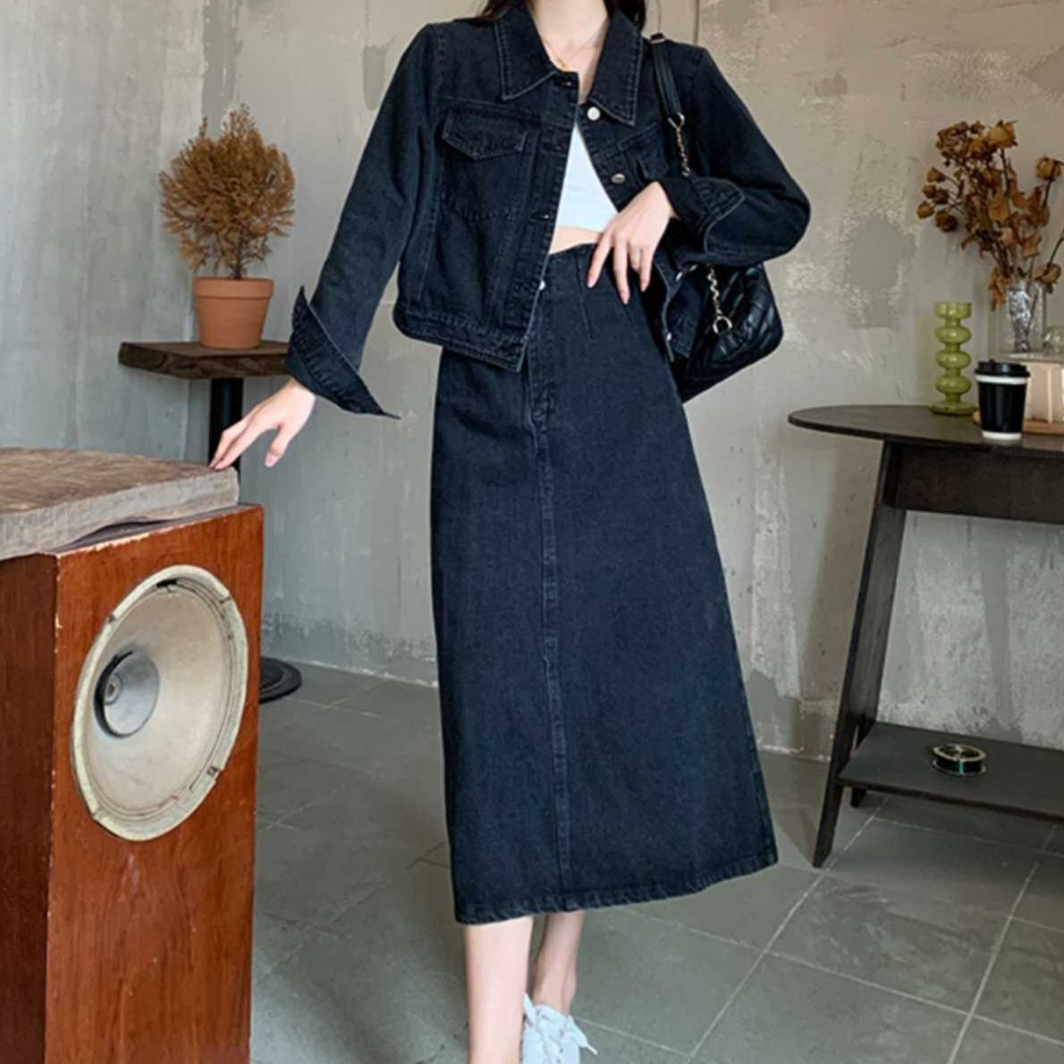 デニムセットアップ 襟付きジャケットとハイウエストロングスカートの大人カジュアル二点セット