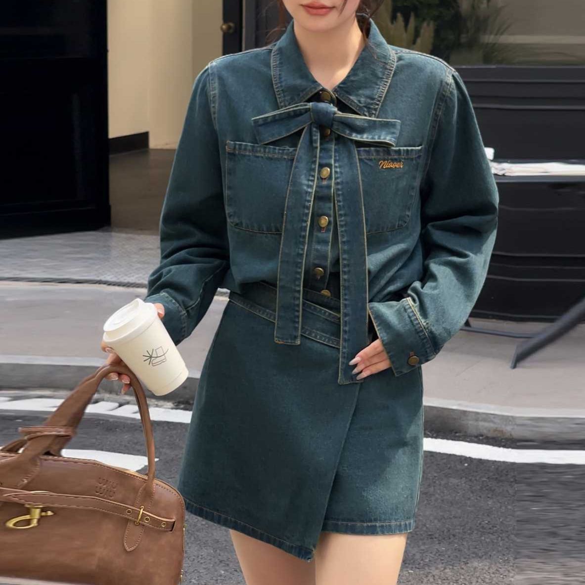 デニムセットアップ 大きめリボン装飾デニムジャケット・ミニスカート フェミニン2点セット