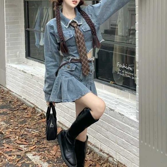 デニムセットアップ 切りっぱなしショート丈ジャケット＆プリーツミニスカート 甘辛2点セット