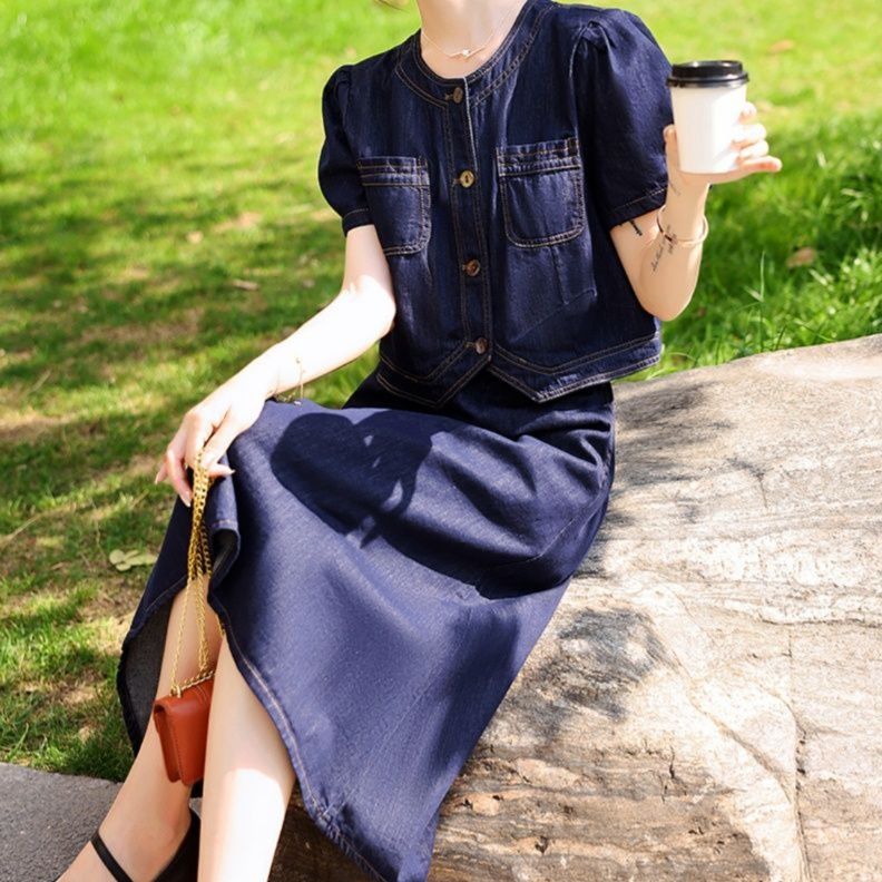 デニムセットアップ パフスリーブトップスとロングスカートのデイリー二点セット